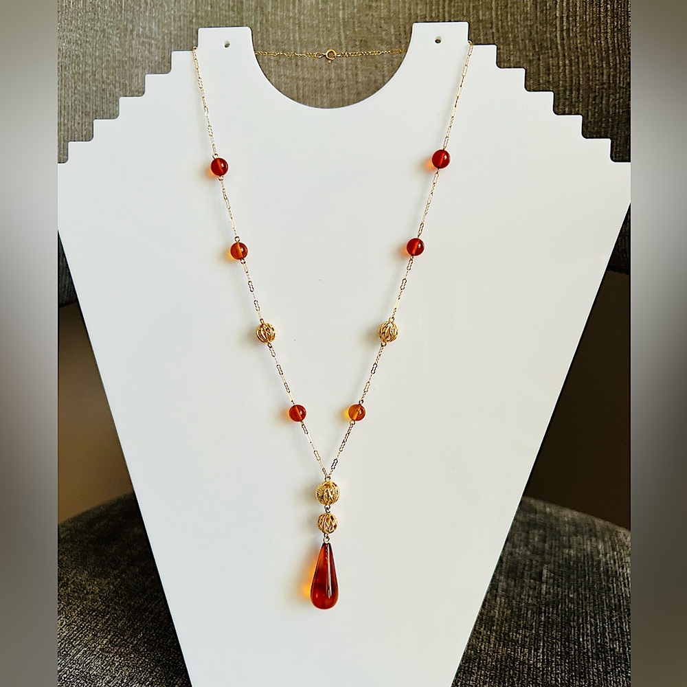 14k Filigree and Amber Station Necklace